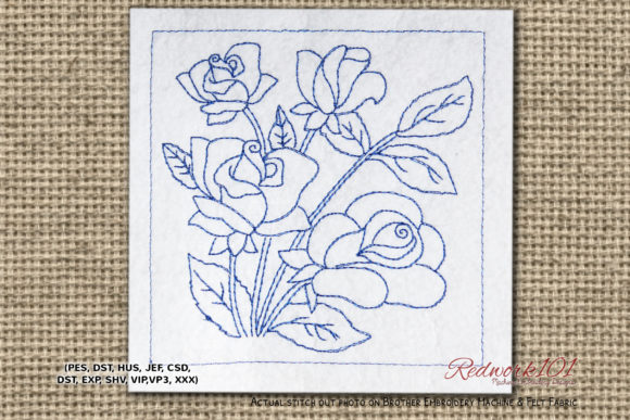 Beautiful Roses with Leaves Redwork
