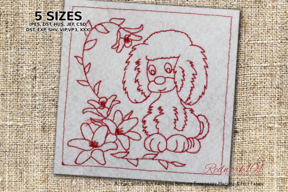 Nice Puppy Looking at Flowers Redwork