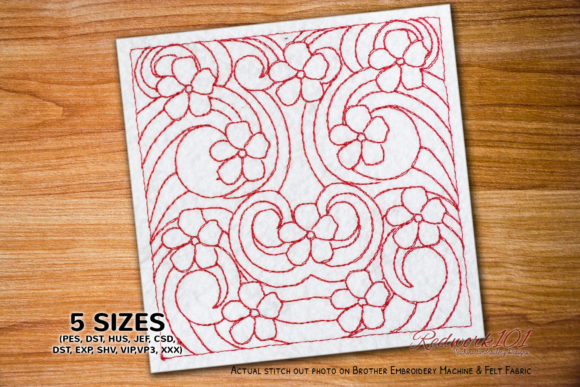 Perwinkle Flowers with Leaves Redwork