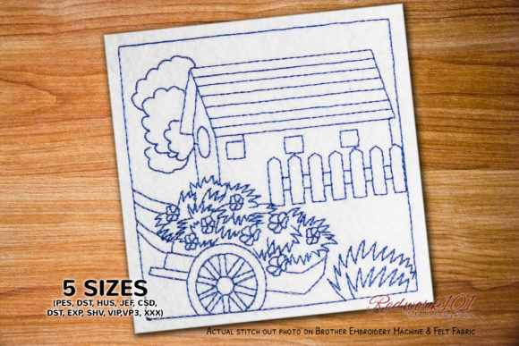 Wooden Cart with Flower Redwork