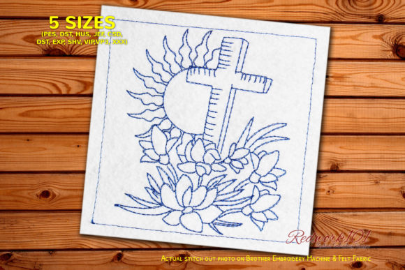 Wooden Cross with Flowers Redwork